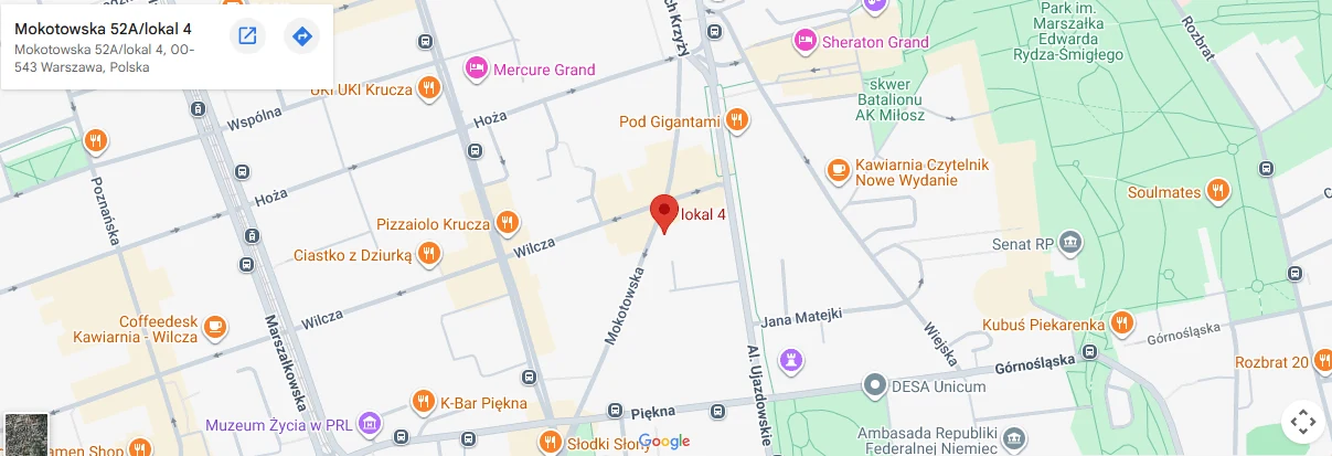Statyczny podgląd lokalizacji NLOOK przy ul. Mokotowskiej 52A/4 w Warszawie. Kliknij, aby otworzyć w Google Maps.